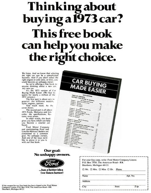 70’s print ad for a free book from Ford Motor Company