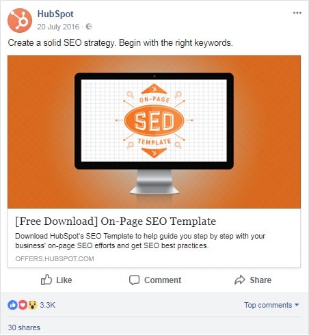 HubSpot post with landing page info