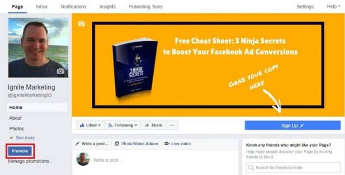 Facebook button call-to-action promotion