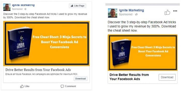 Format of Facebook desktop and mobile ads