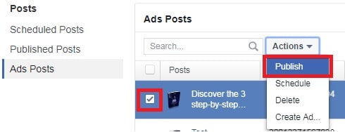 Publish from the Actions menu adsmanager