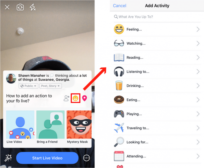 add an activity, click the smiley face icon to access Facebook’s list of options