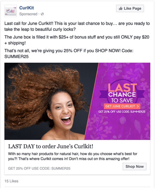 Curlkit facebook ad scarcity last days left