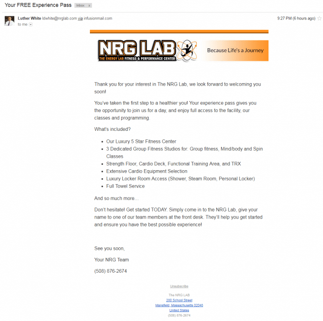 NRG Lab Fitness Center in Mansfield, Massachusetts, prospects receive this friendly ’thank you’ email