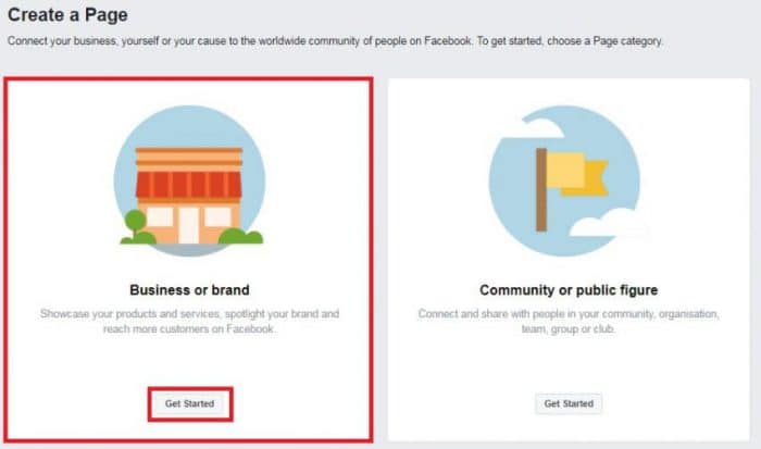 Create new facebook page selection
