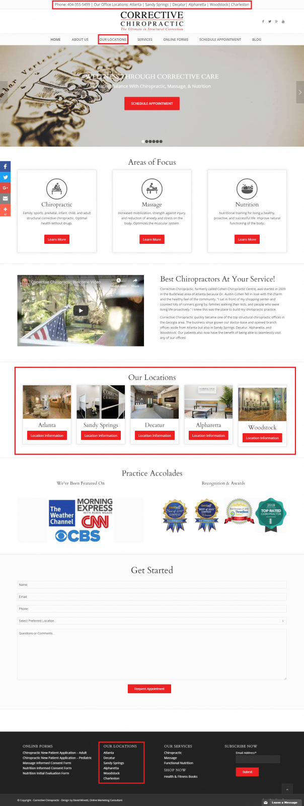 Corrective Chiropractic structures their site and optimizes their homepage to deal with multiple locations