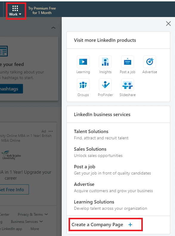 On LinkedIn select ‘Create a Company Page’ from the menu